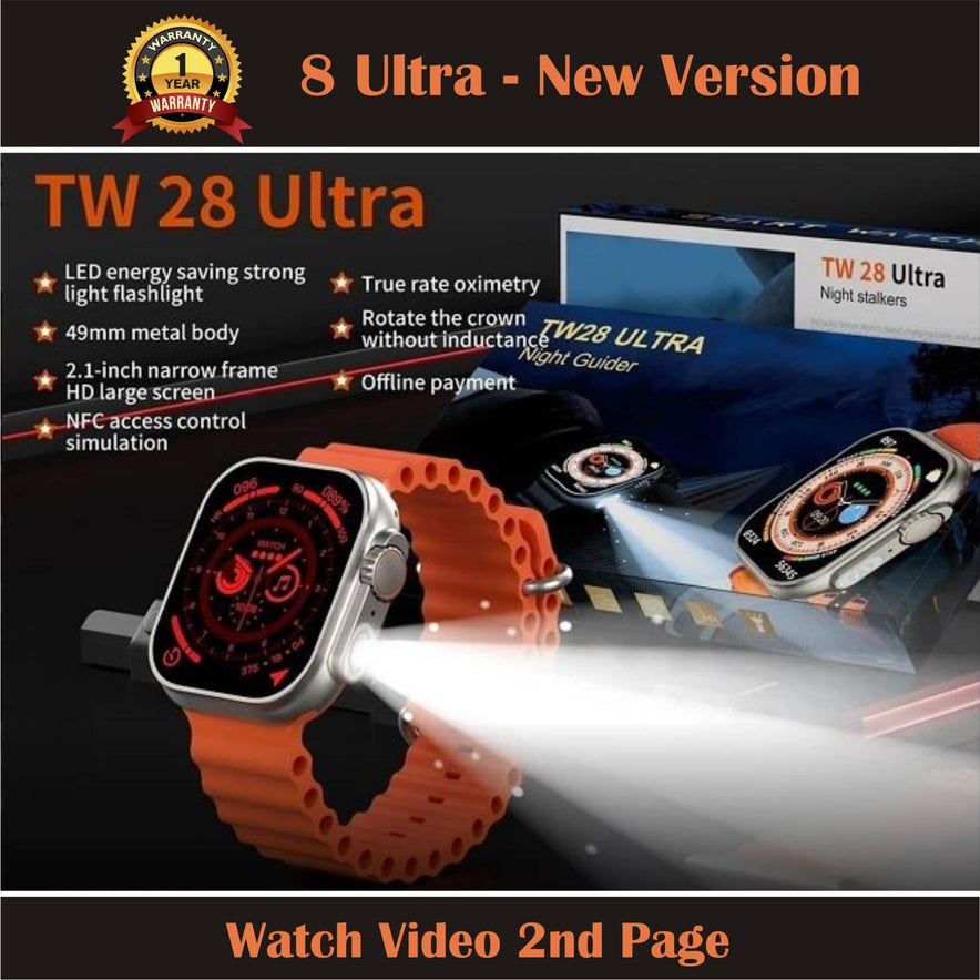 TW28 Ultra with SOS & Tourch Light New Version with LED flash light With 1 Strap Free Offer( 6 Month Warranty )